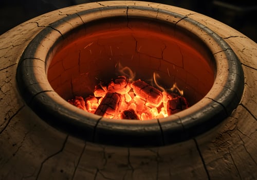 Burning Coals in Tandoor Oven with Glowing Flames and Cracked Surface photo