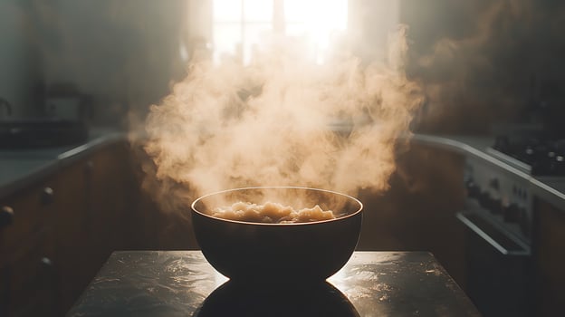 Steaming Bowl of Food in a Modern Kitchen Warm, Golden Light. photo