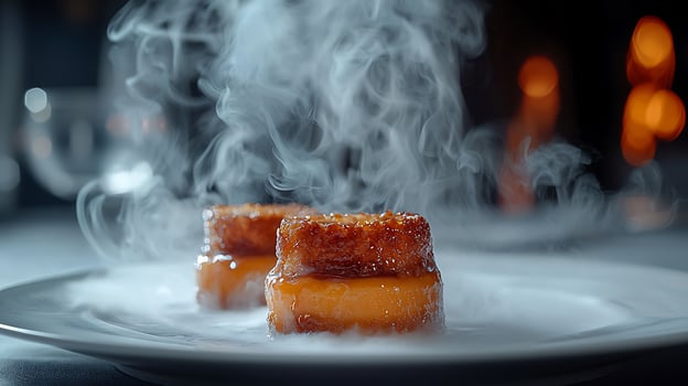 Close Up of Delicious Dessert with Dry Ice Smoke on White Plate. A delectable culinary image perfect for restaurant menus or food blogs. photo