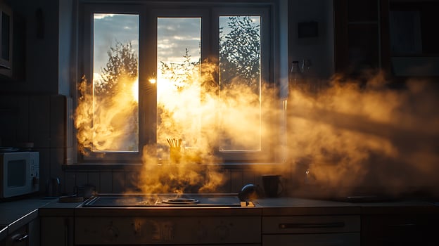 Warm Kitchen Sunset Steam and Sunlight Fill a Cozy Cooking Space. photo
