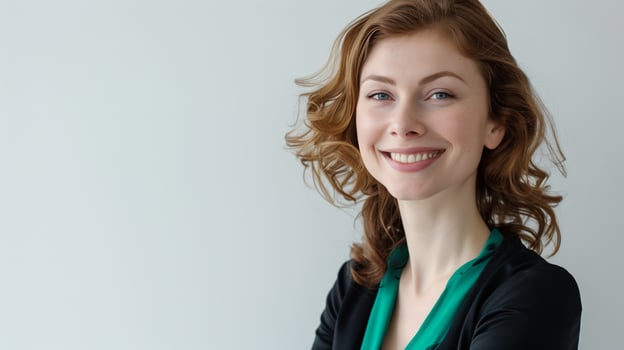 Smiling professional woman with wavy auburn hair wearing a black and green outfit against a neutral background photo