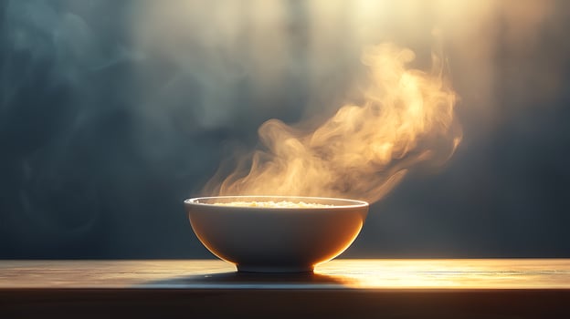 Steaming Bowl of Rice on Wooden Table, Warm Lighting. photo