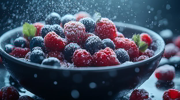 Close up of Raspberries and Blueberries Coated in Powdered Sugar. A Delicious Image of Fresh Berries. photo