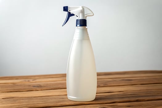 A spray bottle with a blue spray nozzle on a wooden table photo