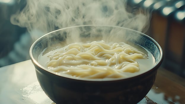 Steaming Bowl of Noodles A Close Up of Warm, Comforting Food. photo