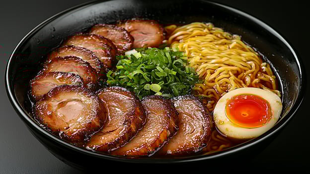 Delicious Japanese Ramen Noodle Soup with Chashu Pork and Soft Boiled Egg. photo