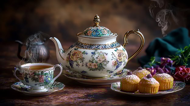 Floral Tea Set with Steaming Tea and Muffins A Cozy Afternoon Scene. photo