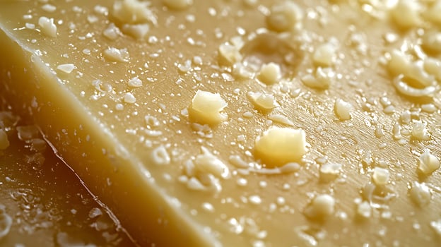 Close up of Cheese Texture Creamy, Golden Block with Scattered Curds. photo