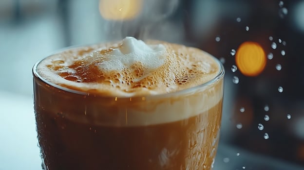 Close up of a steaming cup of cappuccino, coffee with frothy milk photo