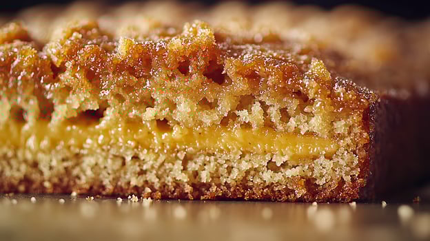 Close Up of Delicious Crumble Cake with Creamy Filling. A tempting image perfect for food blogs, magazines, and culinary websites. photo
