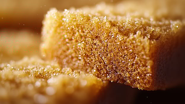Close up of Brown Sugar Crystals on a Baked Good, Sweet Food Texture. photo