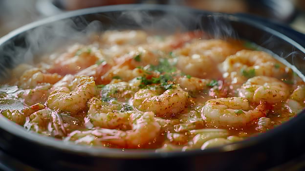 Close Up of Steaming Shrimp Dish in a Dark Bowl. photo