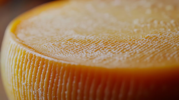 Close up of a wheel of artisan cheese, showing its texture and rind. photo