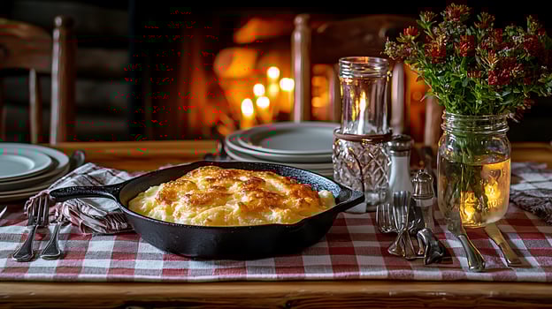 Delicious Scalloped Potatoes in a Cast Iron Skillet, Cozy Fireplace Setting. photo