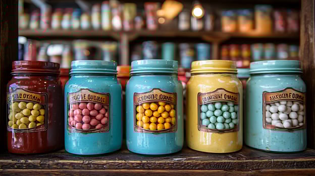 Vintage Jars of Colorful Candy on Rustic Wooden Shelf. A close up view of antique glass jars filled with assorted candies, displayed on a weathered wooden surface. photo