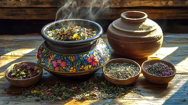 Aromatic Herbal Tea Blend in Ornate Pottery Bowls. A close up image of steaming herbal tea in rustic pottery. photo