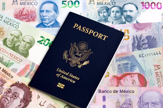 American passport on a Mexican money photo