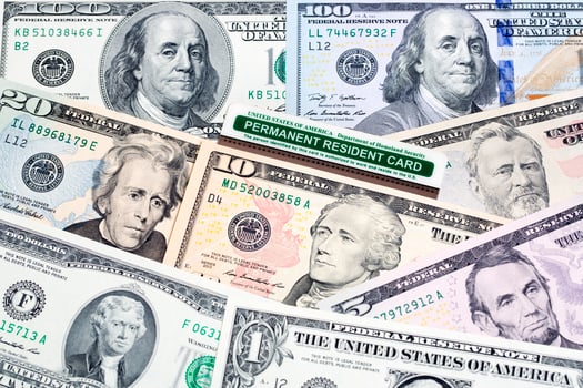 American permanent resident card on a US money photo
