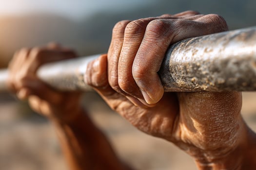 Close-up of male hands gripping horizontal pull-up bar during outdoor workout photo
