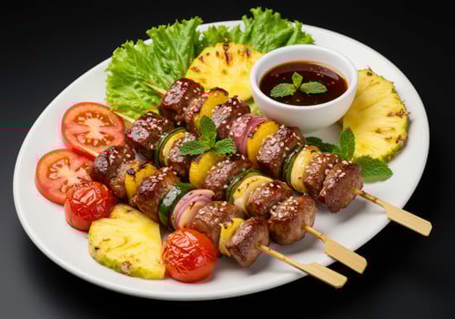 Grilled meat skewers with pineapple and fresh vegetables on a white plate photo