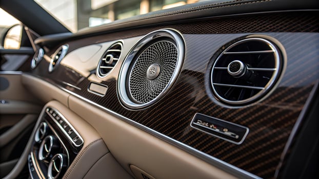 A detailed shot of as speaker grille in a luxury car photo