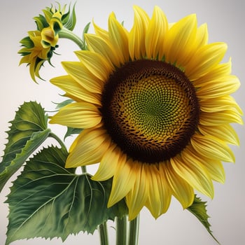 a painting of a sunflower with leaves photo