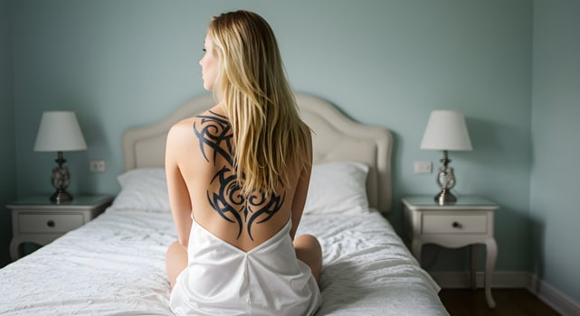 woman back tattoo, hot blonde, sitting on bed. Blonde woman seated on bed, her back tattoo highlighted under soft lighting perfect for ink branding. photo
