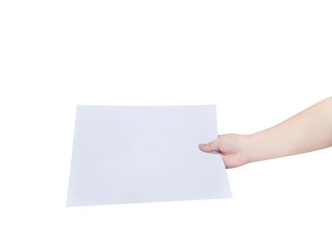 Image of child hand holding one blank white paper on white background. Mockup for design. photo