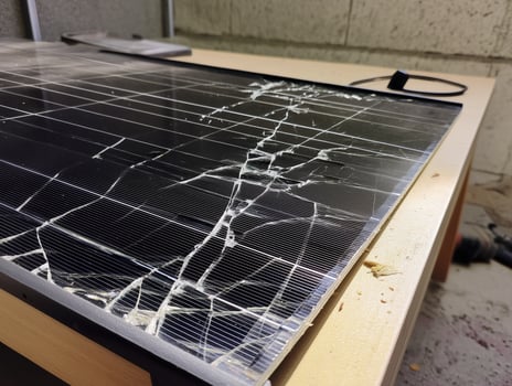 solar panel with cracked glass lying on workbench, showcasing damage and wear. scene evokes sense of neglect and loss photo