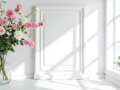 A blank white rectangular canvas hang on a white wall photo
