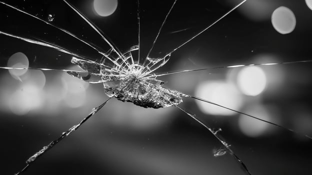 Damage from a cracked glass surface with intricate patterns reflecting light at night showcasing the fragility of materials in urban environments photo