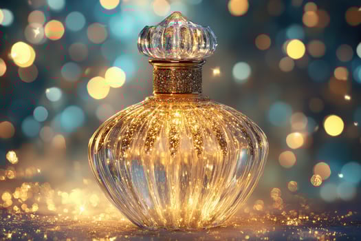A glass perfume bottle with sparkling lights on a bokeh background photo