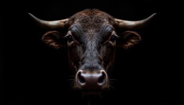 Close up portrait of bull looking at camera, dramatic lighting on black background, intense animal expression photo