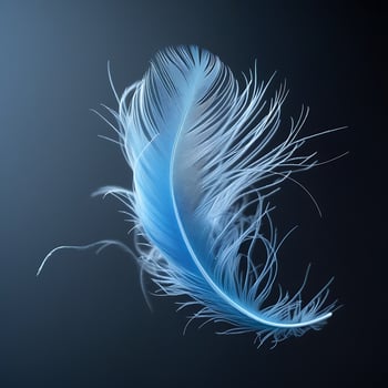 Light blue feather, ethereal, delicate, floating, black background, intricate details, soft texture, wispy edges, azure hue, gentle curves, macro photography, high contrast, studio lighting, minimalis photo