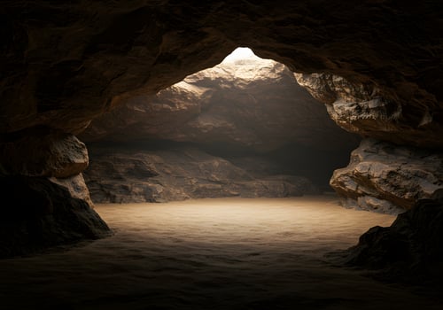 Cave Interior Illustration Dark Rock Formation with Sunlight, Stone Texture, Atmospheric Interior, Underground Exploration. photo