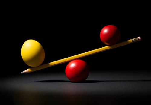Creative Equilibrium Pencil Balancing Red and Yellow Spheres - Concept, Art, Design, Balance, Physics. photo