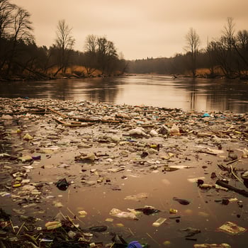 A river with trash and debris floating in it photo