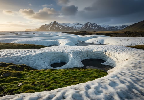 A view of a glacier with snow and grass photo