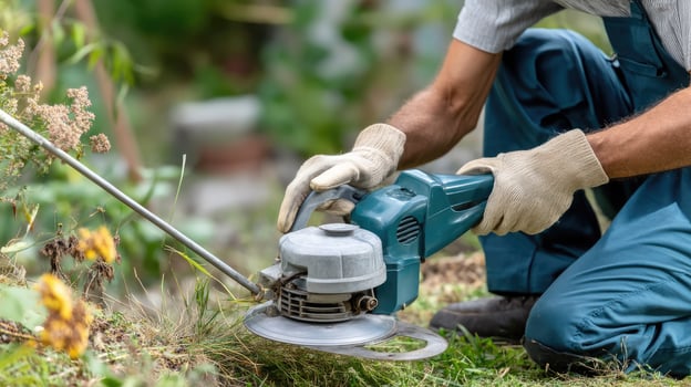 A man is using a lawn mower to cut grass photo