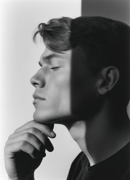 Contemplative portrait of a young man in natural light indoor setting black and white photography photo
