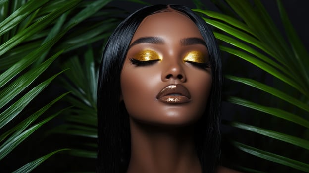 A beautiful woman with gold eyes and black hair photo