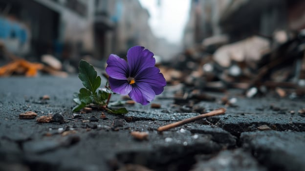 A purple flower sits on the ground in a city street photo