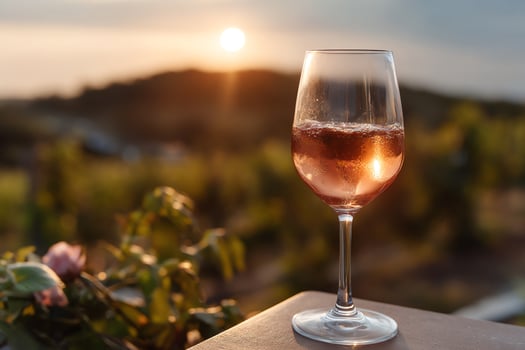 Sunset rose wine glass, vineyard backdrop photo