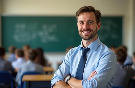 Confident male teacher smiling in classroom with students focused on learning. teacher's Day, international workers day photo
