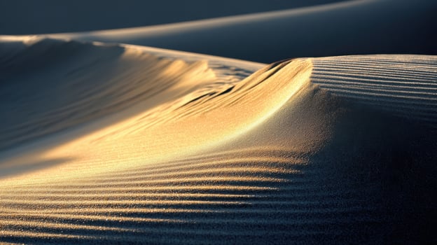 Wind sculpted sand dunes showcasing intricate patterns and textures at sunset in a desert landscape photo