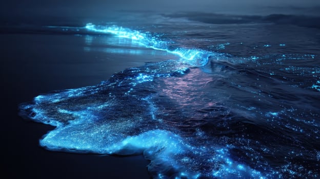 Ocean waves illuminated by bioluminescence at night create a magical glow along the shore photo