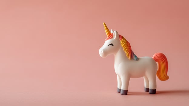 A toy unicorn is standing on a pink background photo