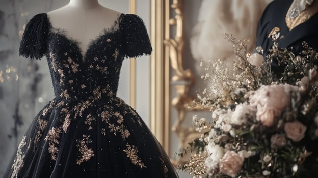 Black wedding dress with gold embroidery on the sleeves photo