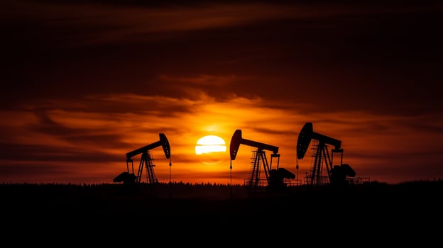 Oil pump jacks in operation with a dynamic sunset photo