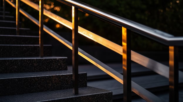 A metal railing on a stairway at sunset photo